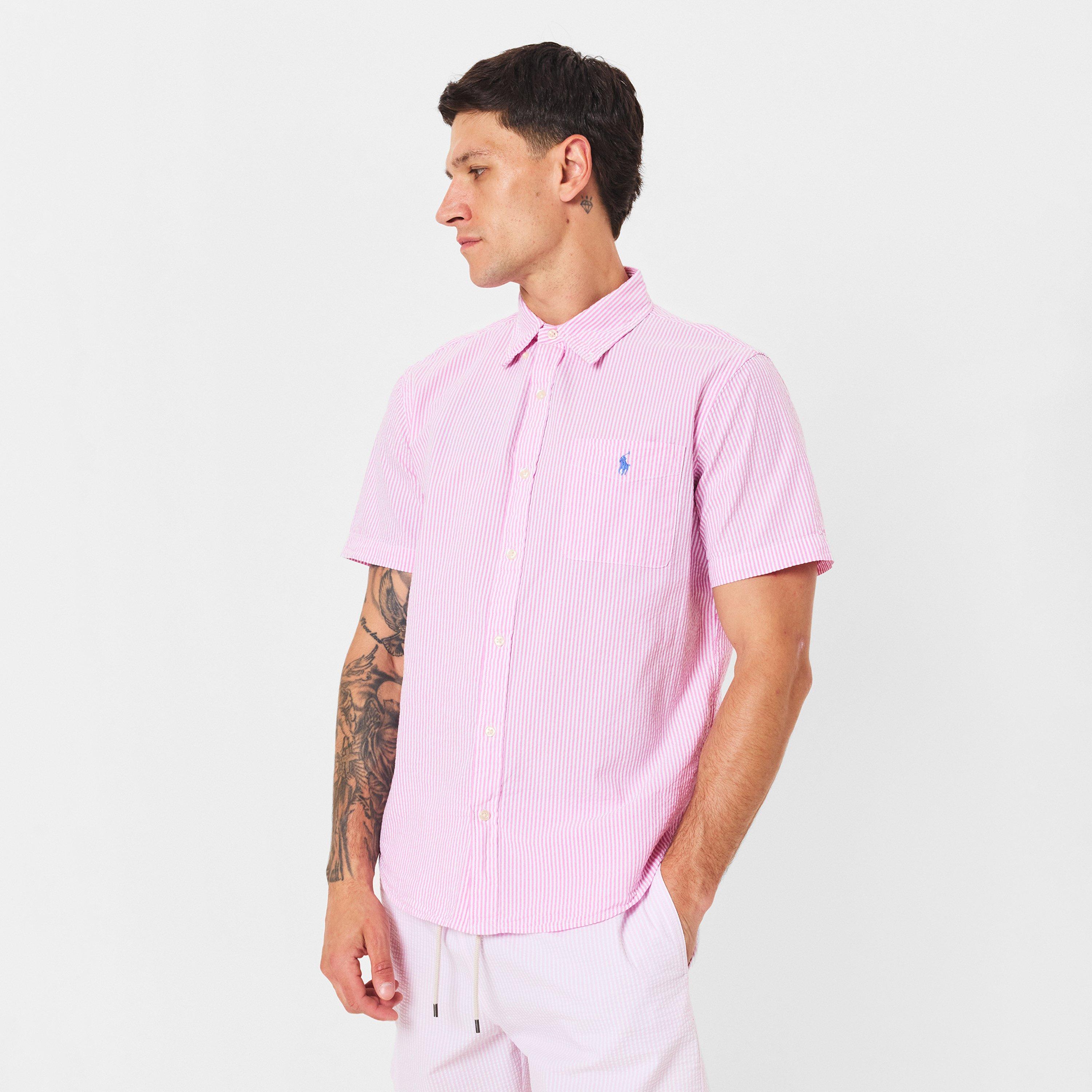 Men's Striped Seersucker Short-Sleeve Patterned Shirt