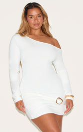 Shape White Off Shoulder Long Sleeve Gold Trim Mini Dress