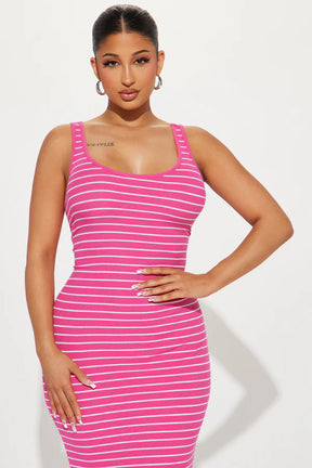 Ribbed Stripe Midi Dress - Fuchsia/combo