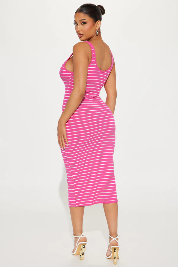 Ribbed Stripe Midi Dress - Fuchsia/combo