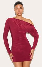 Wine Double Layer Slinky Asymmetric Off The Shoulder Mini Dress