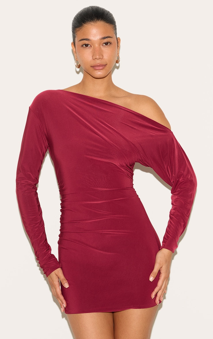 Wine Double Layer Slinky Asymmetric Off The Shoulder Mini Dress