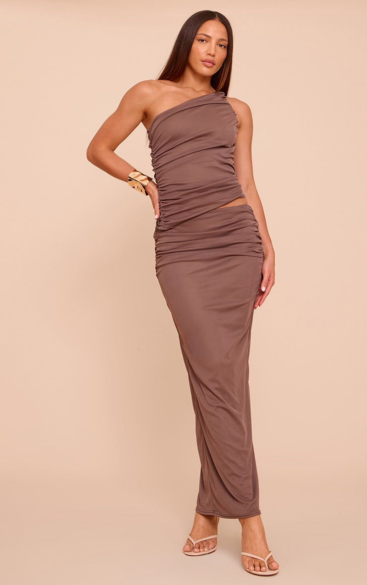 Tall Mushroom Mesh Ruched Maxi Skirt
