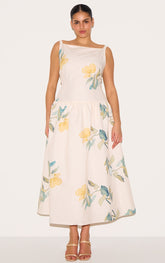 Plus Yellow Floral Printed Dropped Waist Midaxi Dress