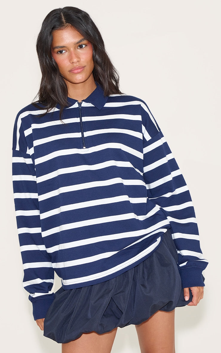 Navy Loopback Sweat Stripe Quarter Zip Sweatshirt