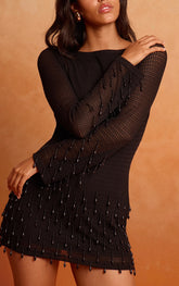 Black Textured Long Sleeve Pearl Detail Mini Dress
