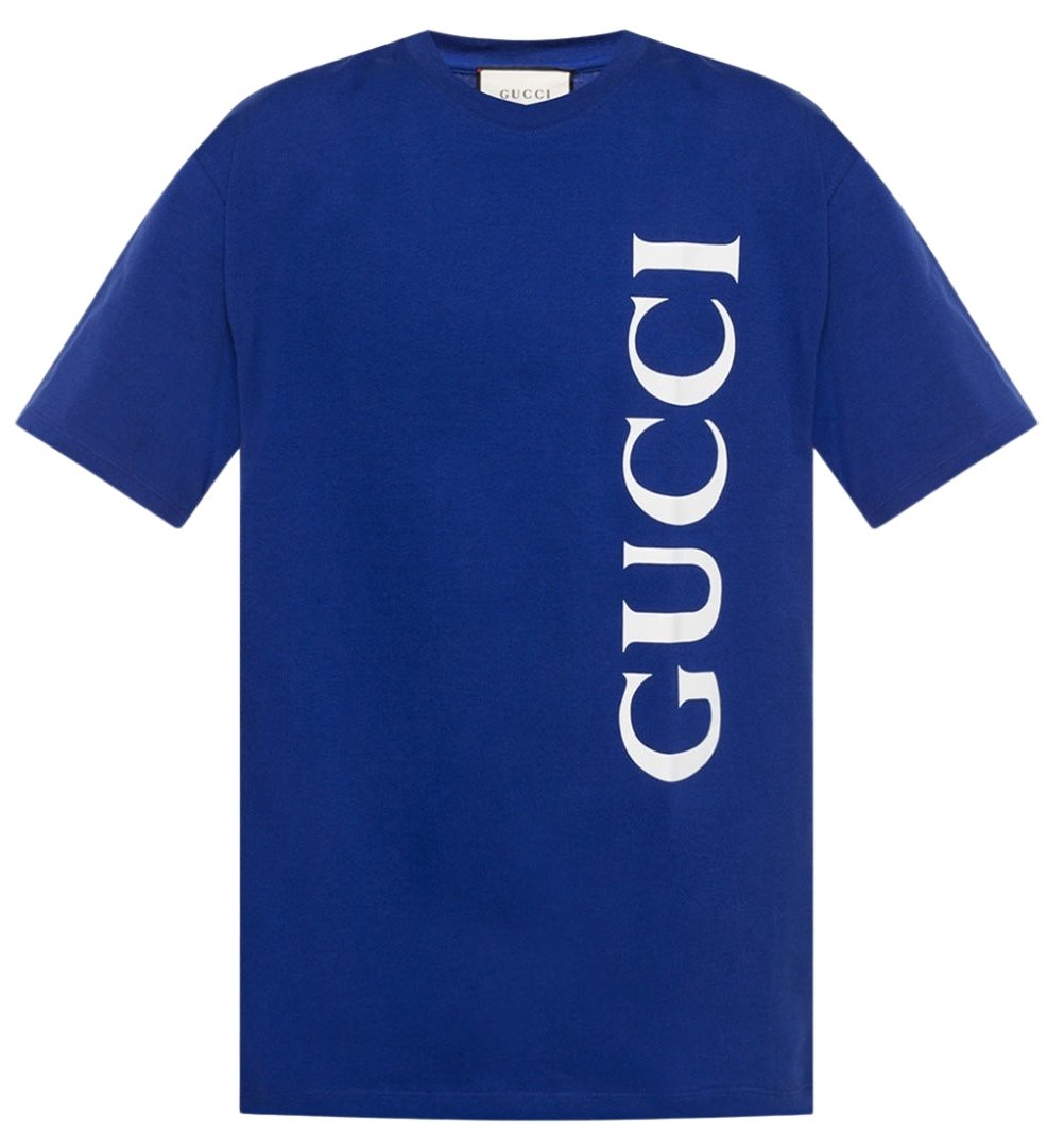 Gucci Vertical Logo Printed T-Shirt in Blue