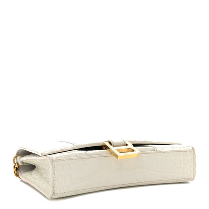 Balenciaga Shiny Calfskin Crocodile Embossed Hourglass Chain Bag White