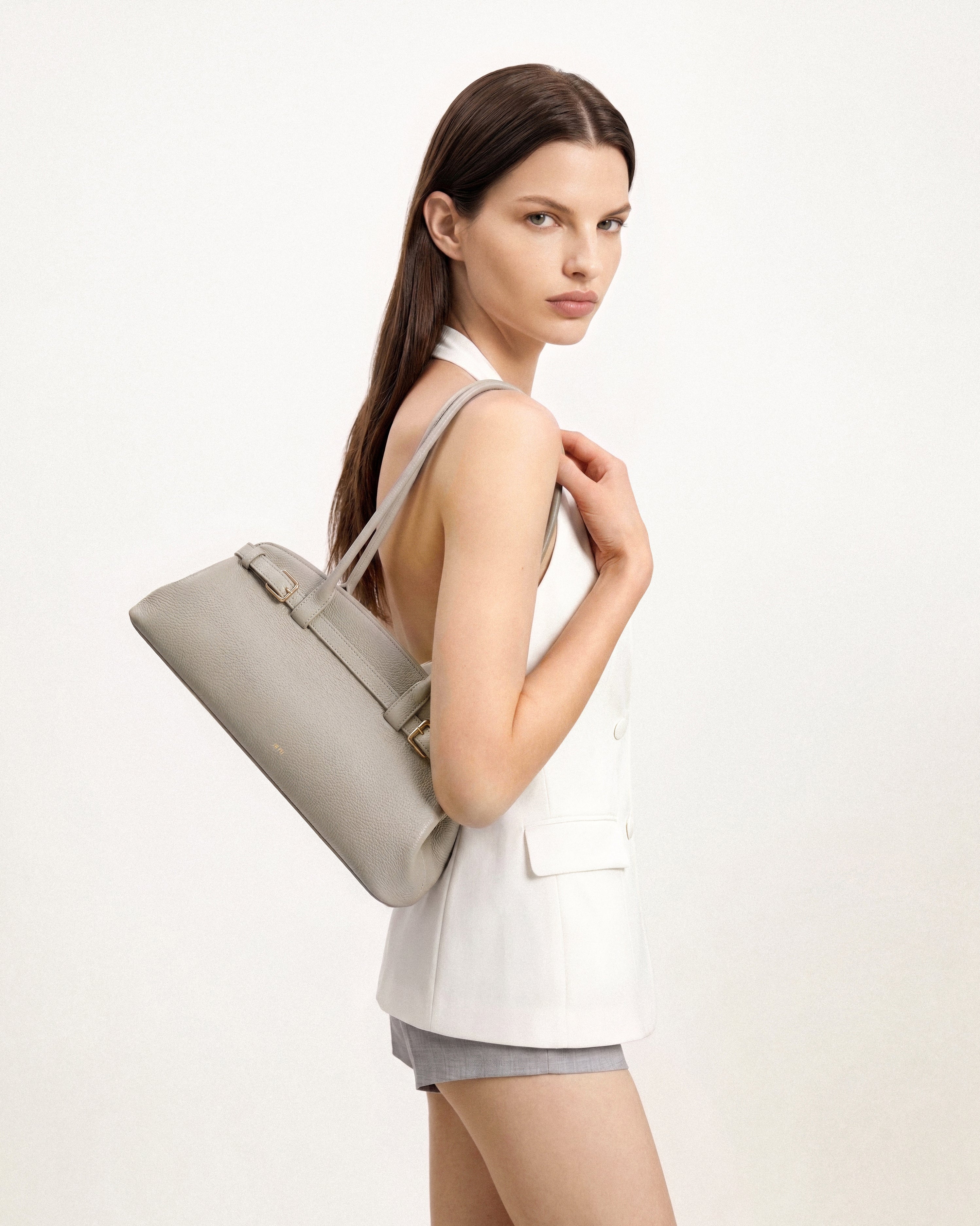 Arden Pebbled Belt Detail East-West Shoulder Bag - Taupe