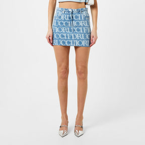 Monogram-Pattern Brand-Patch -Denim Mini Skirt.