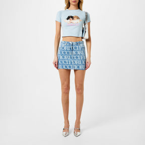 Monogram-Pattern Brand-Patch -Denim Mini Skirt.