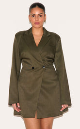 Plus Khaki Woven Cinched Waist Blazer Dress