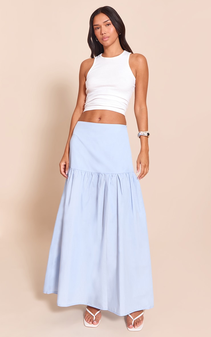Blue Cotton Poplin Drop Waist Maxi Skirt