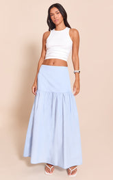 Blue Cotton Poplin Drop Waist Maxi Skirt