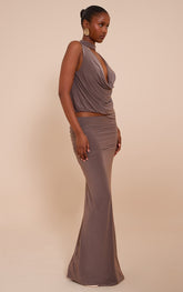 Mushroom Double Layer Slinky Ruched Waist Maxi Skirt