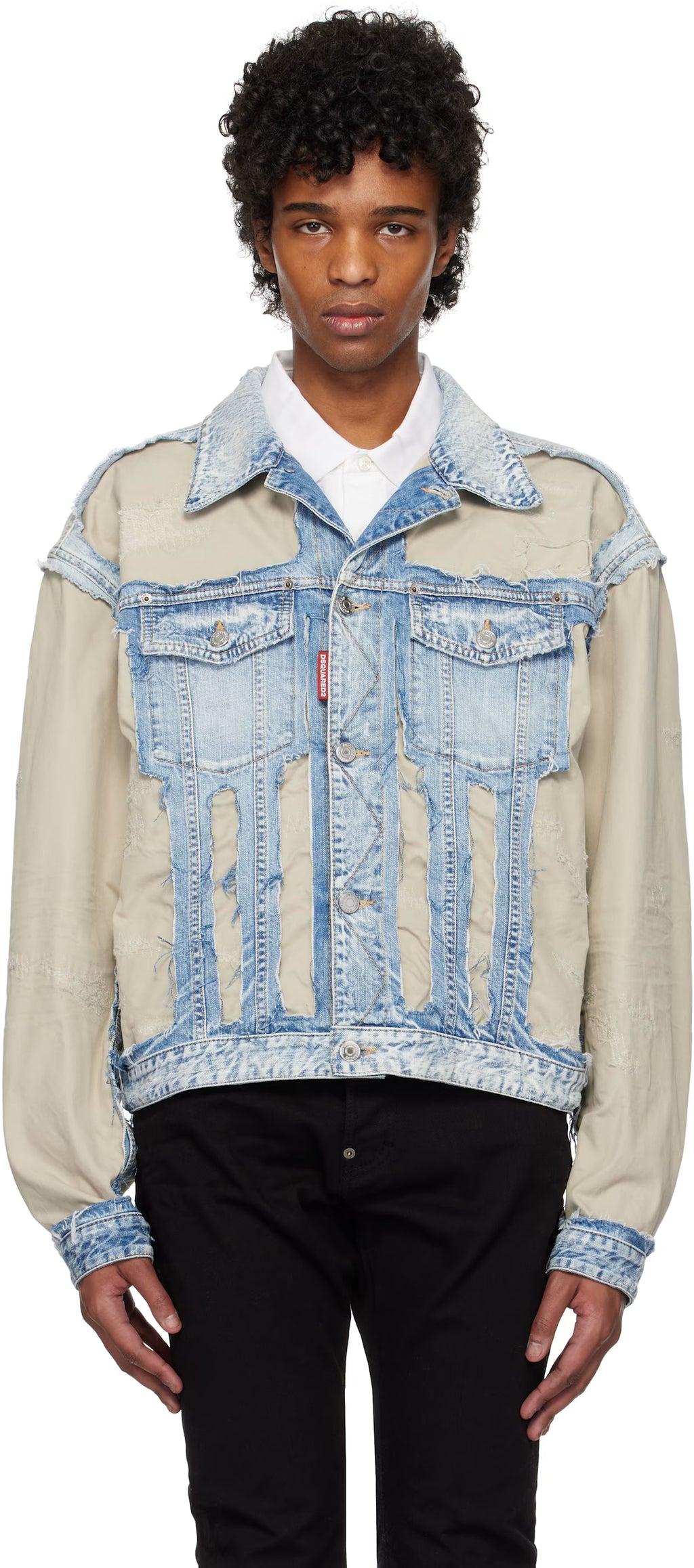 Blue & Beige Super Ripped Mixed Denim Jacket