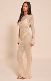 Petite Gold Long Sleeve Sequin Knitted Maxi Dress