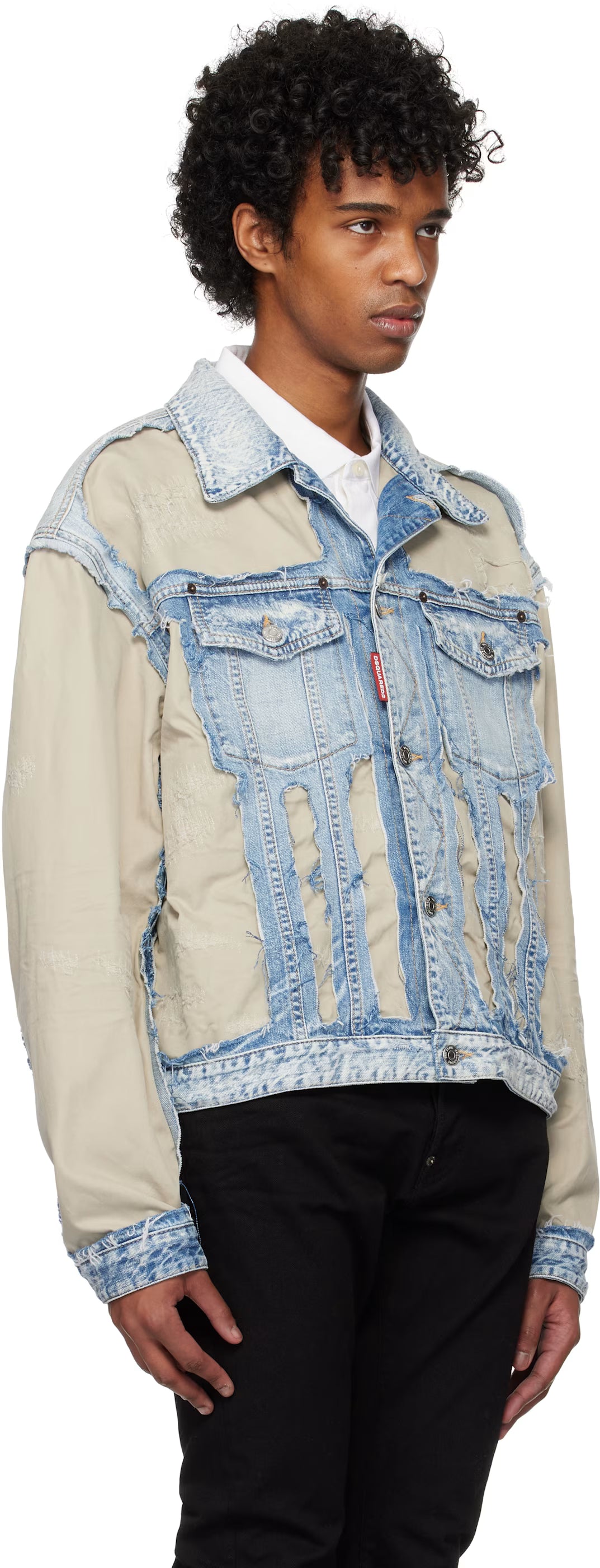 Blue & Beige Super Ripped Mixed Denim Jacket