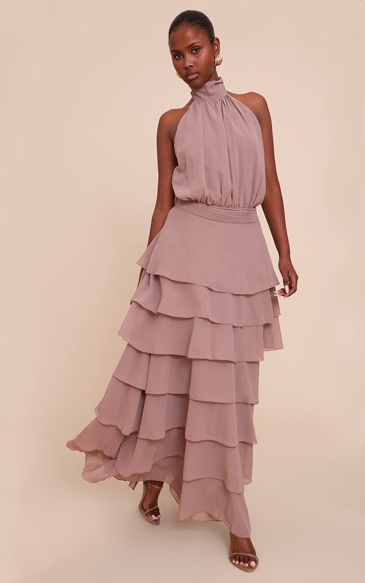 Taupe Chiffon Tiered Maxi Dress