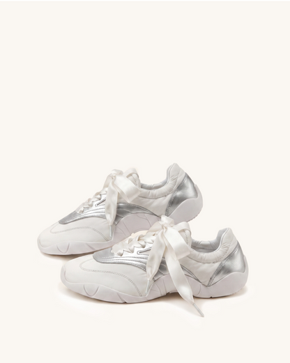 Flavia Ribbon Lace Ballerina Sneakers - White Silver