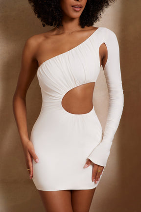 Single Sleeve Cut Out Mini Dress in Ivory