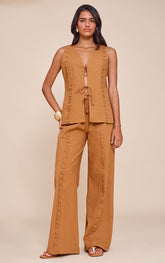 Tan Linen Look Wide Leg Drawstring Trousers