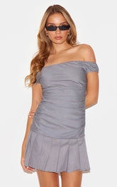 Grey Bardot Ruched Detail Pleated Shift Dress