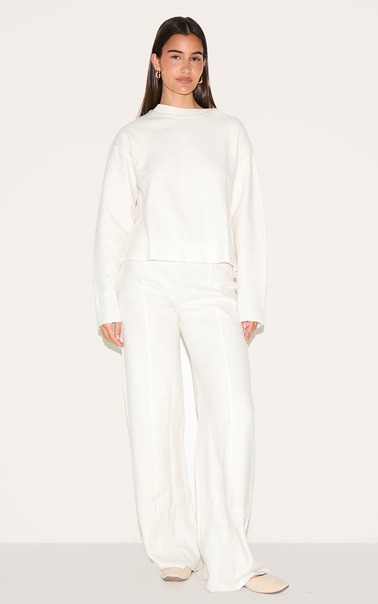 Cream Soft Ribbed Straight Leg Trousers