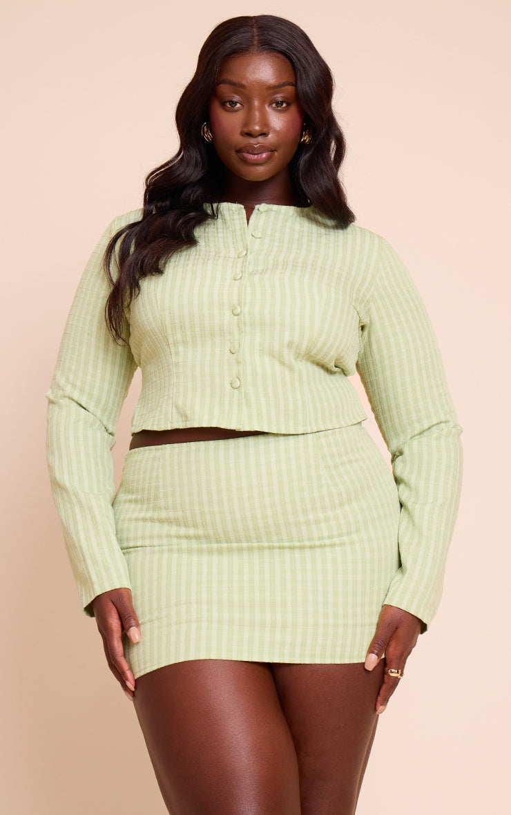 Plus Sage Button Down Round Neck Long Sleeve Top