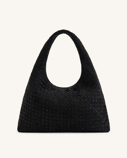 Laura Faux Suede Woven Shoulder Bag - Black