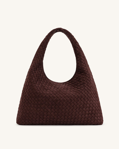 Laura Faux Suede Woven Shoulder Bag - Dark Brown