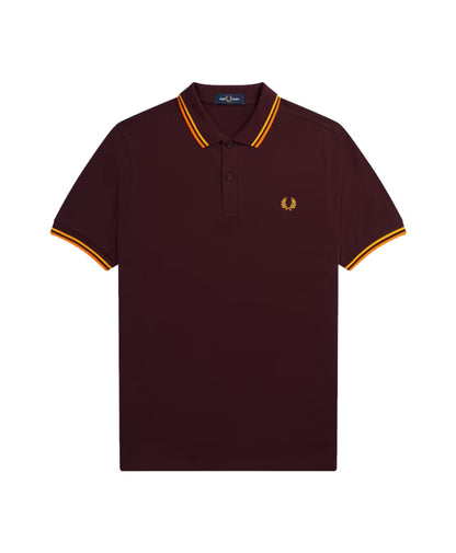 Fred Perry Slim Fit Twin Tipped Polo in Oxblood/Electric Yellow/Gold