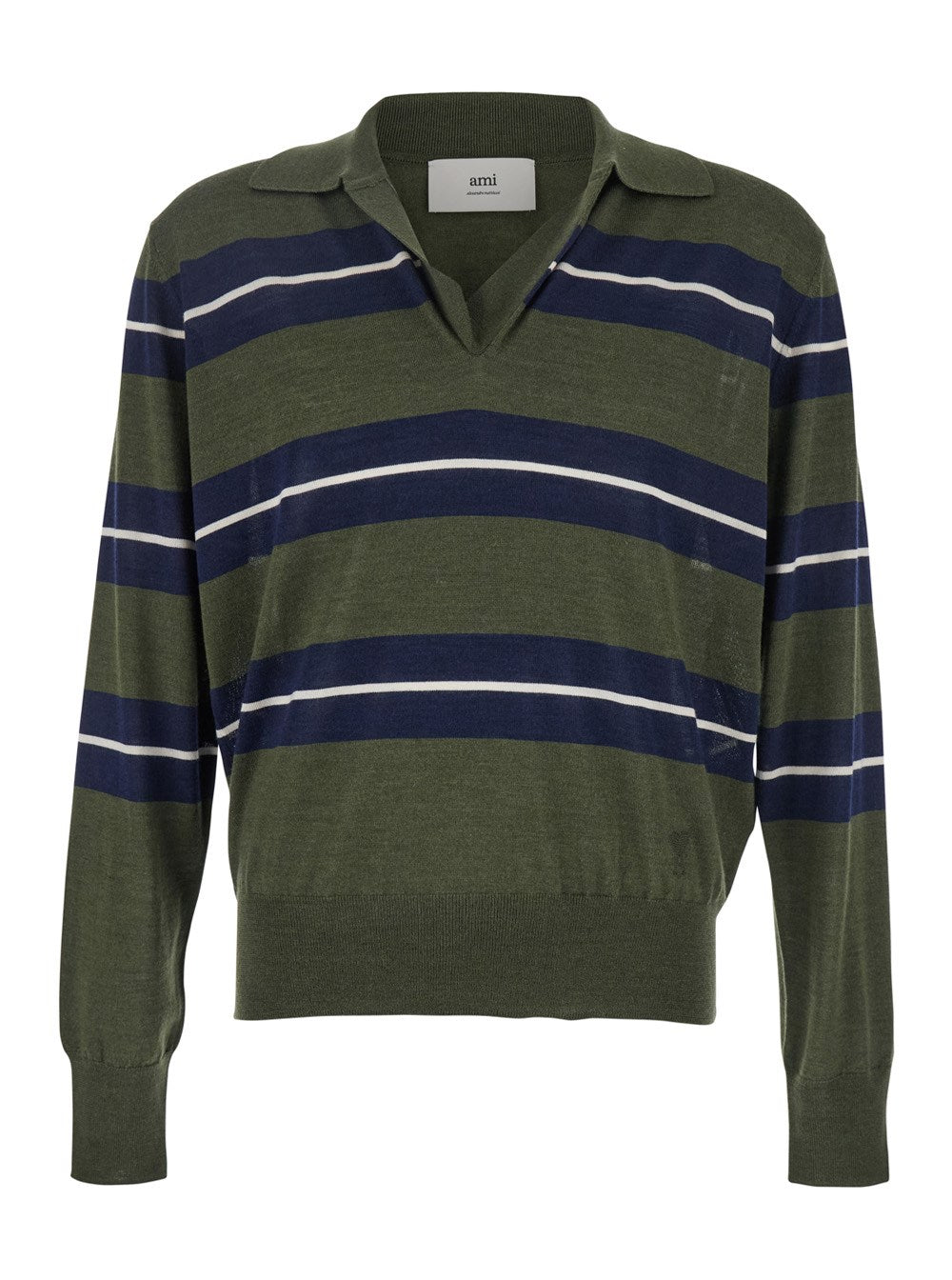 Ami paris Green Polo with All-Over Striped Motif and Polo-Style Collar in Wool and Silk Blend Man