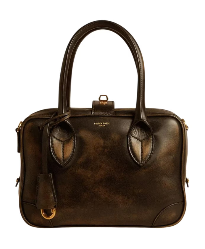 Black Key-Lock Leather Shoulder Bag