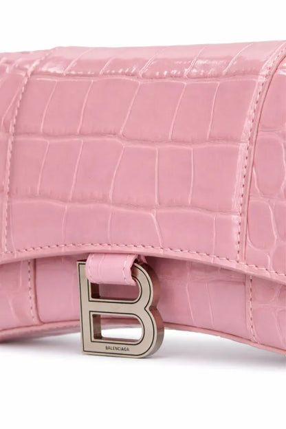 BALENCIAGA Hourglass Croc leather wallet on chain Pink