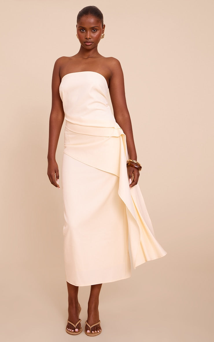 Butter Cream Woven Ruched Drape Detail Dress