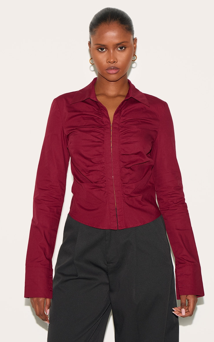 Plum Hook And Eye Ruched Fitted Shirt