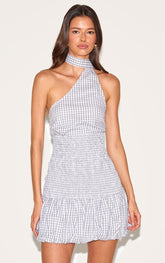 Grey Gingham Shirred Puffball Mini Dress