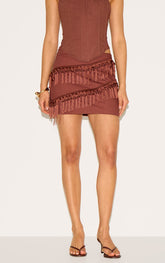 Chocolate Linen Tassle Detail Mini Skirt