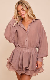 Petite Taupe Chiffon Long Sleeve Mini Dress