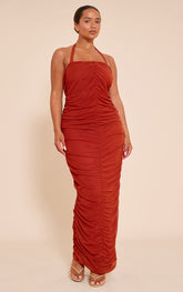 Shape Rust Mesh Ruched Halterneck Maxi Dress