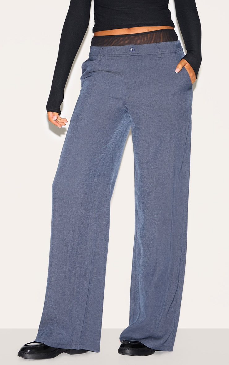 Tall Navy Mesh Contrast Waistband Wide Leg Trousers
