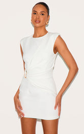 White Woven Ruched Trim Detail Mini Dress