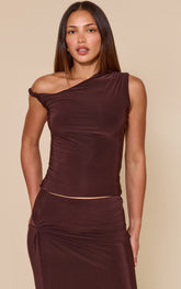 Tall Chocolate Double Layer Slinky Ruched Slash Neck Long Top