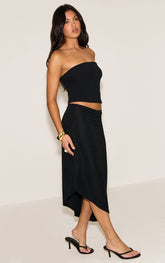 Black Textured Jersey Asymmetric Hem Midi Skirt