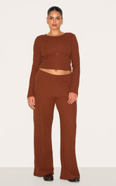Plus Chocolate Mid Rise Wide Leg Waffle Trouser