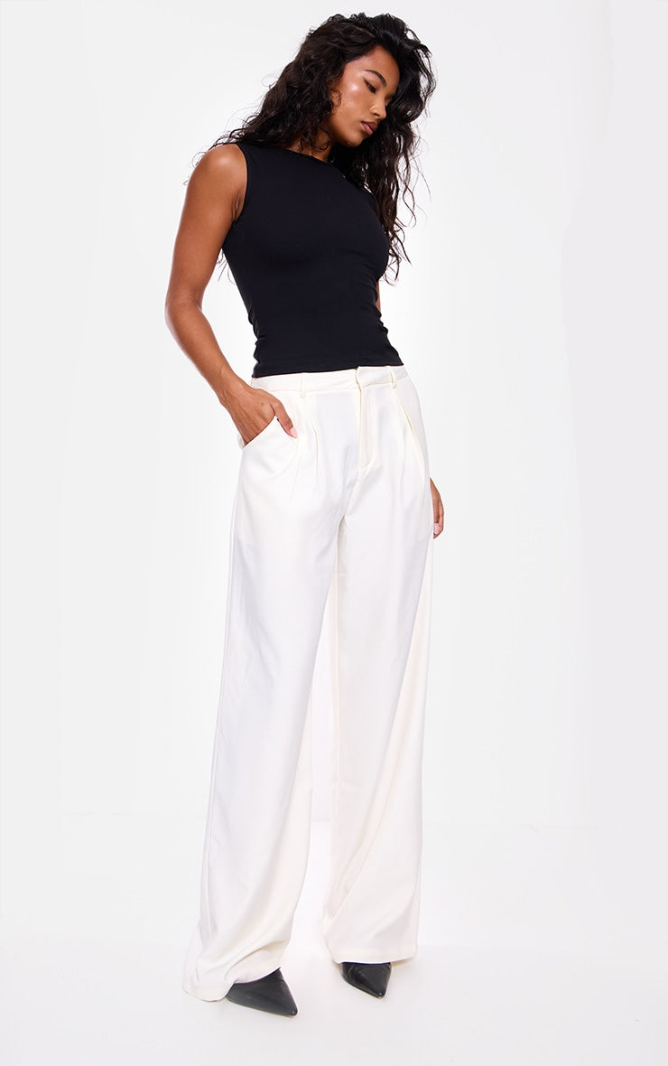 Cream Structured Woven Tailored Wide Leg Trousers