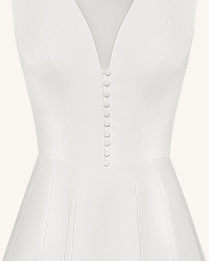 Front V-Neck Pleated Midi Dress - White