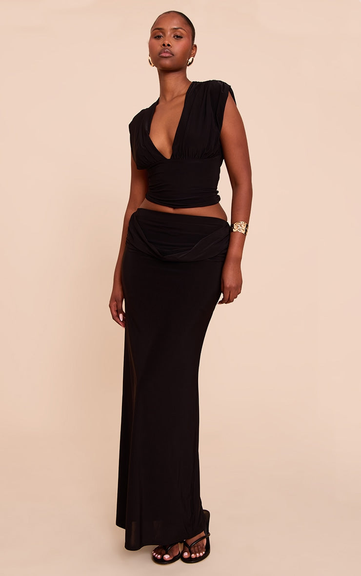 Black Double Layer Slinky Drape Waist Maxi Skirt
