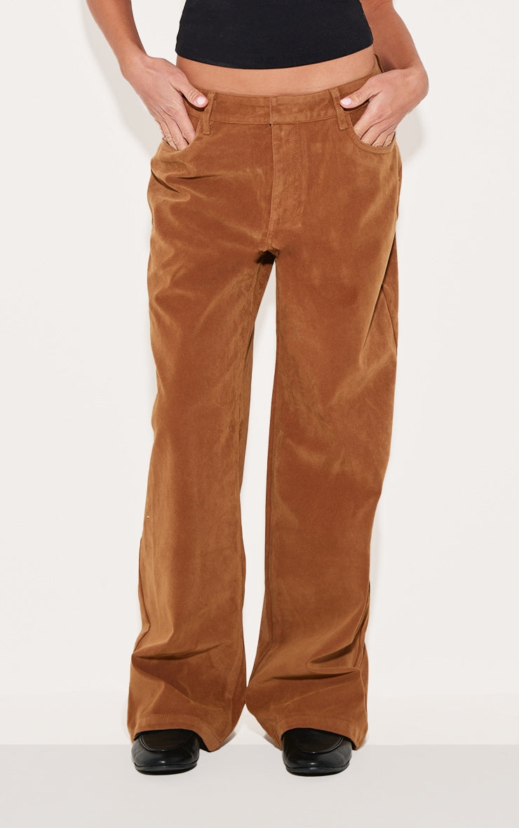 Deep Tan Faux Suede Mid Rise Straight Leg Trousers